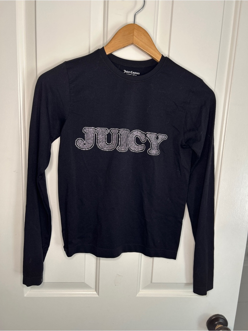 Juicy Couture Black Long Sleeve Tee with Rhinestone JUICY Logo - sleepwear - Med